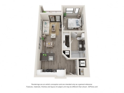 Floor plan for 1 bed, 1 bath, 612 sqft